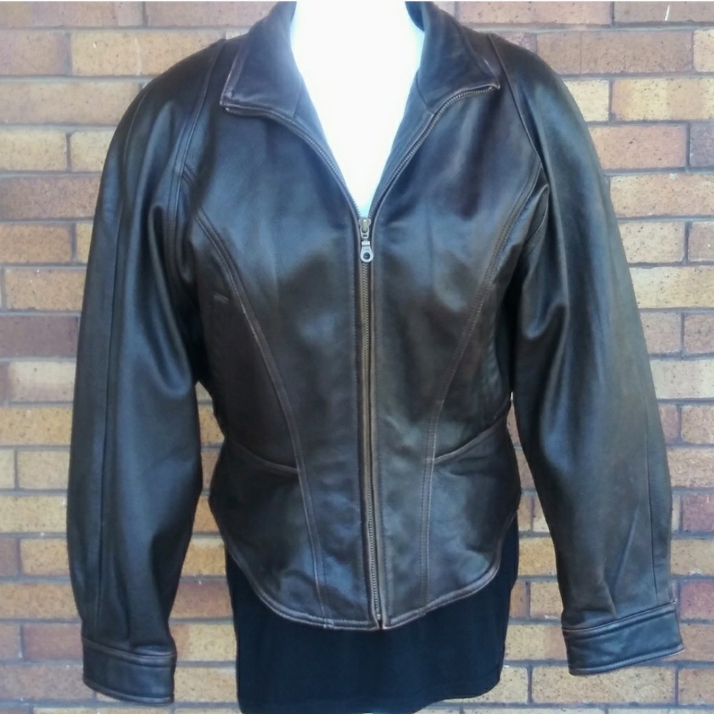 Wilson's Cropped Brown Leather Jacket Zip Liner M